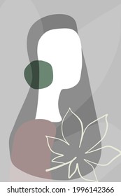 Contemporary abstract art trend minimalistic poster made of simple shapes. A woman with an autumn leaf. Vector graphics.