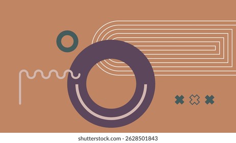 Contemporary abstract artwork with bold circular forms, curved lines, and decorative X elements in soft tones over a warm brown background.