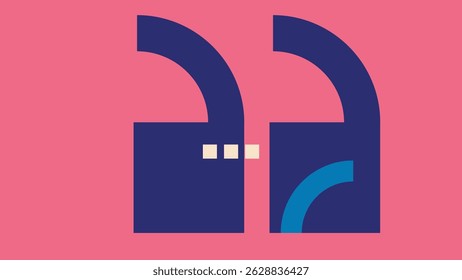 Contemporary abstract artwork featuring bold navy geometric blocks with curved forms and small cream squares on a vibrant pink background.