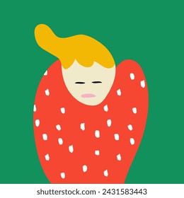 Contemporary abstract artwork. Thoughtful woman in red sweater with white dots stands against green background. Vector illustration in surrealistic art style. Concept of generation Z, social culture