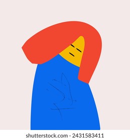 Contemporary abstract artwork. Woman with red hair and blue coat stands with closed eyes, and seems to be lost in thought. Vector illustration in surrealistic art style. Concept of gen Z, culture.