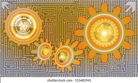 Contemporary abstract background of futuristic technology with gears in orange, yellow, and grey shades. Digital technology and engineering concept design