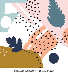Fondo abstracto contemporáneo. Ilustración vectorial abstracta con motivos de hoja. Colorido collage abstracto de moda. Fondo botánico abstracto. vector creativo dibujado a mano. Colores Pastel.  
