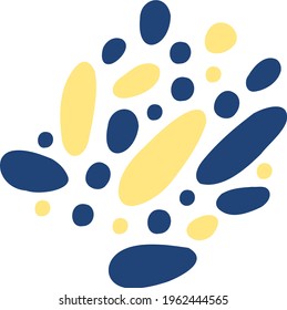 Contemporary abstract blobs. A group of yellow, dark blue spots. Simple flat shapes in different size. Design assets. Round slimy stones. Vector isolated illustration. Hand-drawn texture for template.