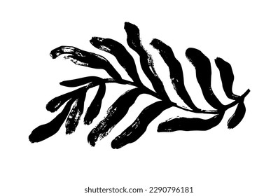 Contemporary abstract bold leaf in Matisse or primitive style. Brush drawn thick branch with wavy stem and long leaves. Naive art, infantile or childish art style. Organic shapes coral or frond.