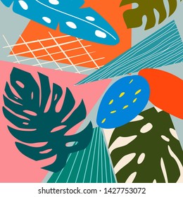 Contemporary abstract colored background. Modern exotic tropical plants illustration. Vector design.
