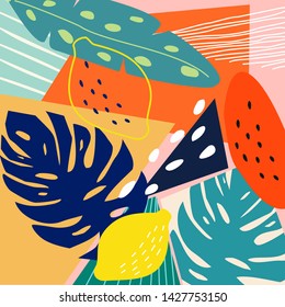 Contemporary abstract colored background. Modern exotic tropical plants and fruits. Vector design.
