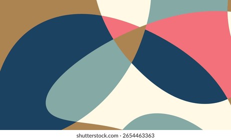 Composição abstrata contemporânea com campos de cores sobrepostos em azul marinho, azul-petróleo, coral e bronzeado para um ritmo visual equilibrado.