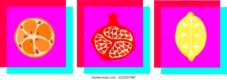Contemporary abstract compositions kit for printing on wallpaper, postcards, banners, logos.  Trendy set of modern painting with fruits.