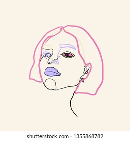 Contemporary abstract creative art. One Continuous  line drawing. Human face in modern style. 