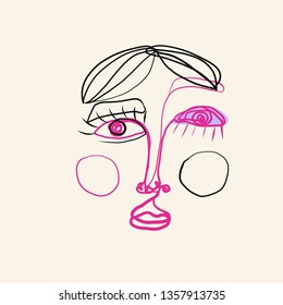 Contemporary abstract creative art. One Continuous  line drawing. Human face in modern style. 