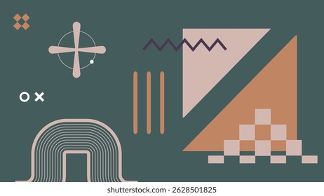 Contemporary abstract design using triangular forms, curved arches, zigzags, and grid blocks in beige and terracotta tones over a muted green base.