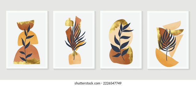 Contemporary abstract design wall art vector set. Collection of tropical leaves with gold, earth tone color abstract shape. Design illustration for wallpaper, wall decor, card, poster, cover, print.