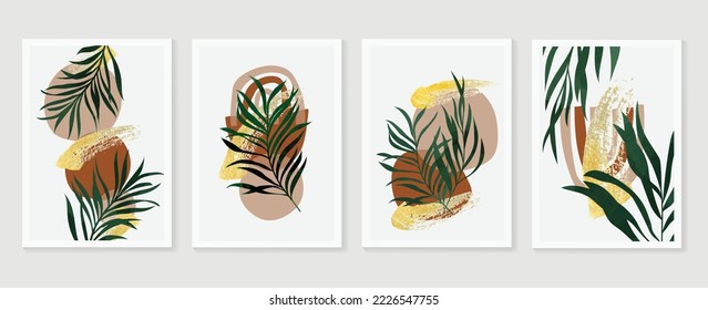 Contemporary abstract design wall art vector set. Tropical leaves with gold brush stroke and earthtone color abstract shape. Design illustration for wallpaper, wall decor, card, poster, cover, print.