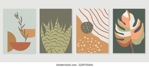 Conjunto de vectores de arte de pared de diseño abstracto contemporáneo. Colección de hojas tropicales, maceta de planta, forma abstracta, hoja de monstera. Ilustración de diseño para papel pintado, decoración de pared, tarjeta, afiche, cubierta, impresión.