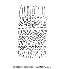 Contemporary abstract doodle composition. Modern set of dots, flower shapes, spots, ovals, rectangles, triangles, zigzags. Decorative black and white hand drawn background.Vector