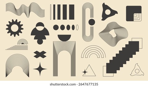 Elementos abstractos contemporáneos en un estilo minimalista de mediados de siglo. Formas geométricas monocromáticas y líneas de rayas ideales para el arte de la pared, la decoración o el diseño de Fondos de pantalla.
