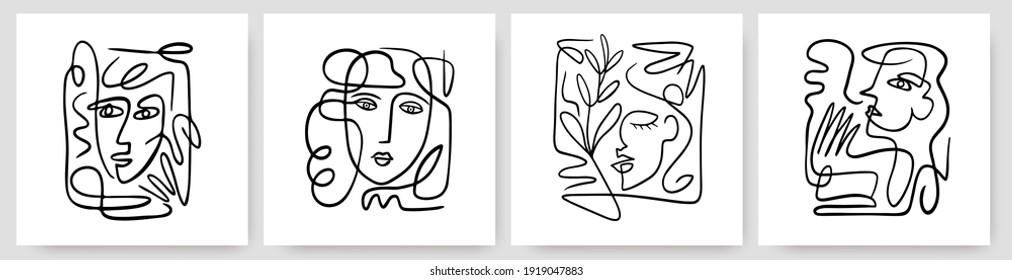 Contemporary abstract faces in one line art style on colorful shapes. Vector hand drawn set of illustrations in modern trendy style
