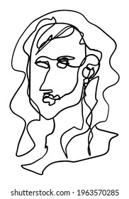 Contemporary abstract female face. Minimalistic elegant woman portrait. Hand drawn vector illustration. Continuous line drawing isolated on white. Modern style element for design, card, prints, decor.