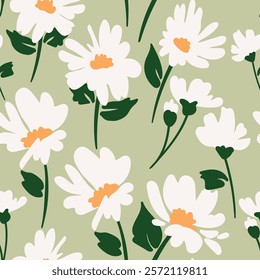 Contemporary Abstract Floral Design. Elegant abstract floral pattern featuring chamomiles and leaves. Ideal for surface design, fabric, paper and etc.