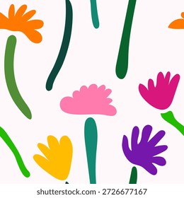 Contemporary abstract floral pattern featuring simplified flower shapes and organic stems in vibrant, bold colors on a soft background. Perfect for modern branding, packaging, textiles, wallpaper, and creative design projects.