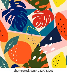 Contemporary abstract floral seamless pattern. Modern exotic tropical fruits and plants. Vector colored design.