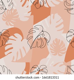 Contemporary abstract floral seamless pattern. One line monstera leaves various form and geometric shape. Texture for textile, packaging, wrapping paper, social media post etc. Vector illustration.