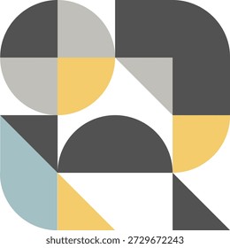 Fundo geométrico abstrato contemporâneo com círculos, quadrantes e triângulos que se cruzam em um estilo modernista ou Bauhaus impressionante. Este elemento vetorial editável usa uma sofisticada paleta de cores suaves de cinza escuro, azul claro e amarelo mostarda contra um pano de fundo branco. Ideal para marcas corporativas, web design, cartazes ou conceitos de arte abstrata moderna.
