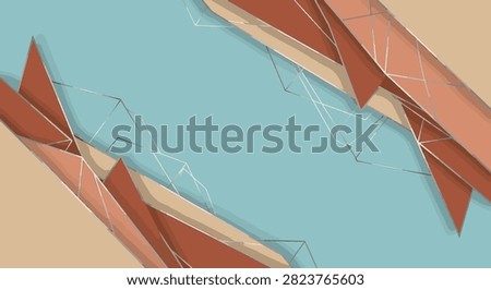 Contemporary abstract geometric design featuring layered terracotta, beige, and light blue polygonal shapes with thin silver wireframe accents on a clean teal background base.