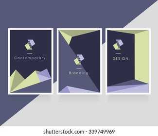 Contemporary abstract geometric low poly style logo design templates for company visual identity in green and purple color combination