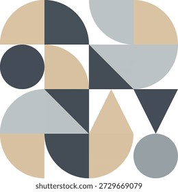 Patrón geométrico abstracto contemporáneo con una disposición de círculos, triángulos y cuartos de círculo en una sofisticada paleta de colores neutros (azul marino oscuro, beige, gris claro). Perfecto para la marca moderna, arte minimalista de la pared, presentaciones corporativas y fondos de Web. Limpia la Ilustración vectorial sobre blanco.