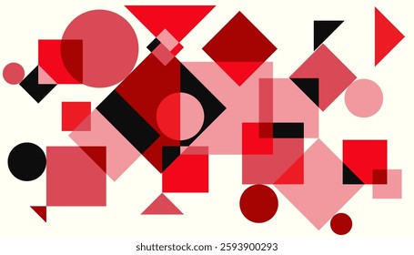 Contemporary abstract geometric works in the Bauhaus style featuring overlapping red black and pink shapes including circles squares and triangles web design