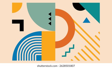 Contemporary abstract layout with bold curved elements, stripes, dots, and triangles in vibrant colors on a beige background.
