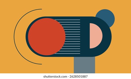 Contemporary abstract layout featuring colorful circles, rectangles, and angles in a flat geometric grid on a light beige background.