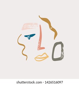 Contemporary abstract linear face drawing in pastel colors. Beauty fashion emblem or logo. Simple design. Creative composition. Aesthetic minimalism woman face. Hairstyle, fashion logo. 