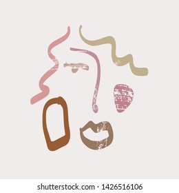 Contemporary abstract linear face drawing in pastel colors. Beauty fashion emblem or logo. Simple design. Creative composition. Aesthetic minimalism woman face. Hairstyle, fashion logo. 