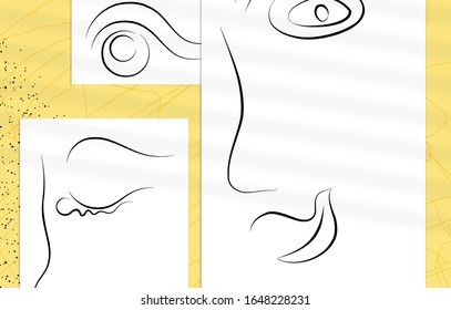 Contemporary abstract man face continuous one line drawing. Modern Wall Art print or poster mock up with shadow overlay. Hand drawn portrait on organic color sports and lines. Artistic card  template.