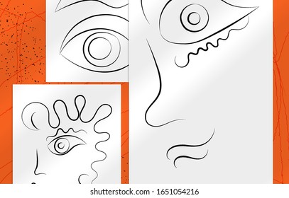 Contemporary abstract man face continuous one line drawing. Modern Wall Art print or poster mock up with shadow overlay. Hand drawn portrait on organic color sports and lines. Artistic card  template.