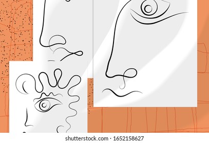 Contemporary abstract man face continuous one line drawing. Modern Wall Art print or poster mock up with shadow overlay. Hand drawn portrait on organic color sports and lines. Artistic card  template.