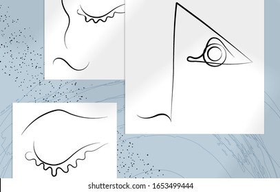 Contemporary abstract man face continuous one line drawing. Modern Wall Art print or poster mock up with shadow overlay. Hand drawn portrait on organic color sports and lines. Artistic card  template.
