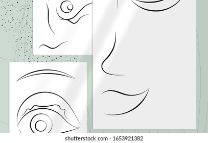 Contemporary abstract man face continuous one line drawing. Modern Wall Art print or poster mock up with shadow overlay. Hand drawn portrait on organic color sports and lines. Artistic card  template.