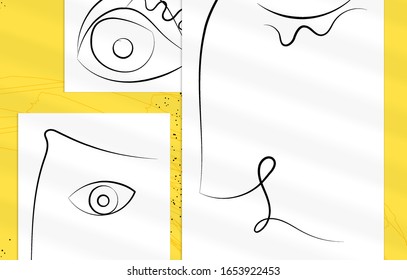 Contemporary abstract man face continuous one line drawing. Modern Wall Art print or poster mock up with shadow overlay. Hand drawn portrait on organic color sports and lines. Artistic card  template.