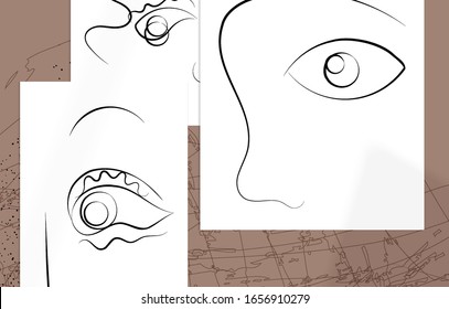 Contemporary abstract man face continuous one line drawing. Modern Wall Art print or poster mock up with shadow overlay. Hand drawn portrait on organic color sports and lines. Artistic card  template.