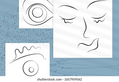 Zeitgenössischer abstrakter Mann Gesicht stetigen eine Linie Zeichnung. Moderne Wall-Kunstdrucke oder Poster mit Schattenüberlagerungen. Handgezeichnetes Portrait auf organischen Farbsportarten und Linien. Vorlage für künstlerische Karten.