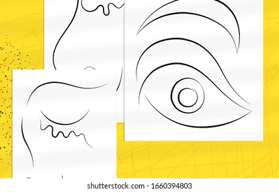 El hombre abstracto contemporáneo se enfrenta a un dibujo continuo de una línea. La moderna imagen de arte mural o afiche se burlan de la sombra superpuesta. Retrato dibujado a mano sobre líneas y deportes de color orgánicos. Plantilla de tarjeta artística.
