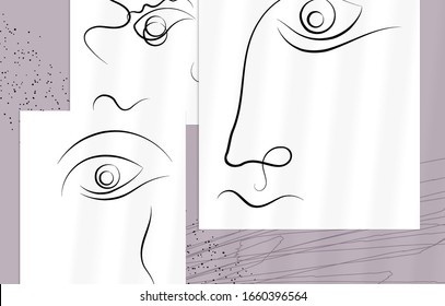Contemporary abstract man face continuous one line drawing. Modern Wall Art print or poster mock up with shadow overlay. Hand drawn portrait on organic color sports and lines. Artistic card  template.