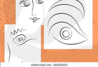 El hombre abstracto contemporáneo se enfrenta a un dibujo continuo de una línea. La moderna imagen de arte mural o afiche se burlan de la sombra superpuesta. Retrato dibujado a mano sobre líneas y deportes de color orgánicos. Plantilla de tarjeta artística.