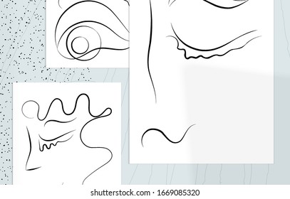 Contemporary abstract man face continuous one line drawing. Modern Wall Art print or poster mock up with shadow overlay. Hand drawn portrait on organic color sports and lines. Artistic card  template.