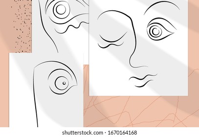 Contemporary abstract man face continuous one line drawing. Modern Wall Art print or poster mock up with shadow overlay. Hand drawn portrait on organic color sports and lines. Artistic card  template.