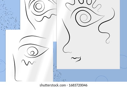 Contemporary abstract man face continuous one line drawing. Modern Wall Art print or poster mock up with shadow overlay. Hand drawn portrait on organic color sports and lines. Artistic card  template.